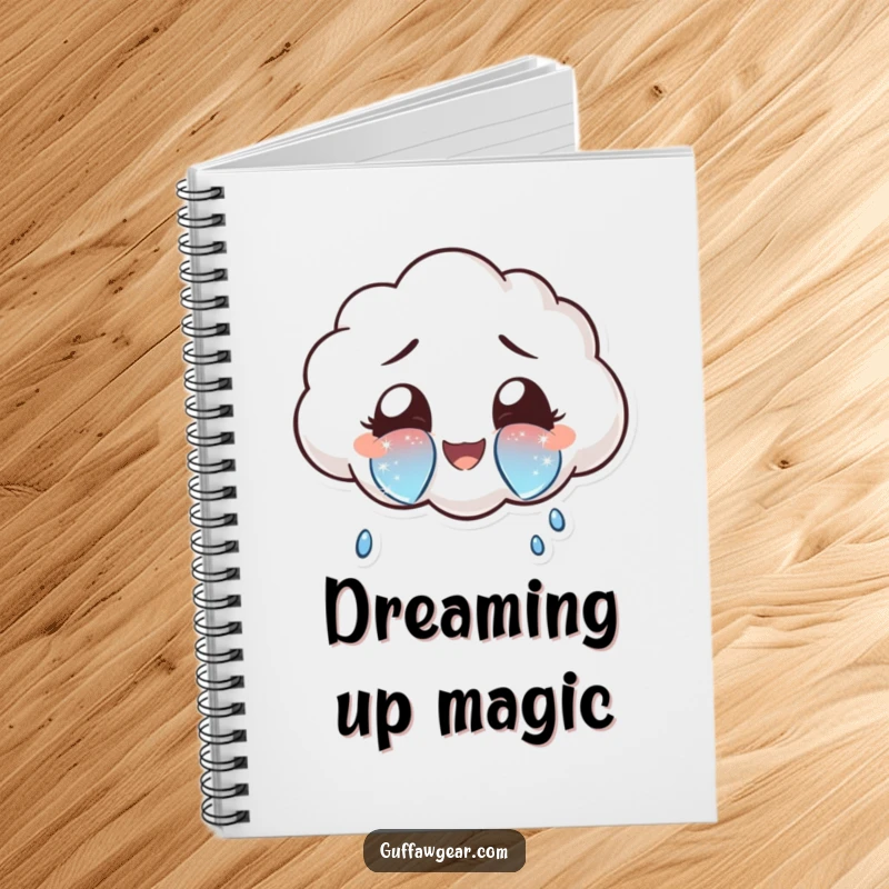 Funny cloud character crying oversized, sparkly tears of joy on a notebook, ideal for jotting down happy thoughts.