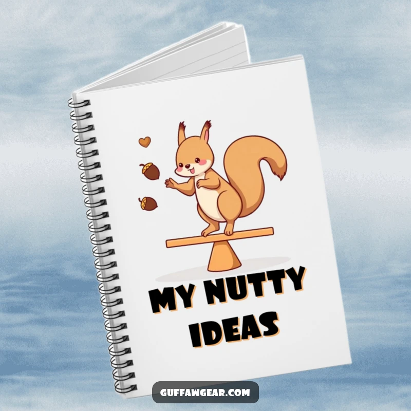 Funny notebook cover featuring a squirrel juggling acorns while balancing on a teeter-totter, ideal for notes and sketches.