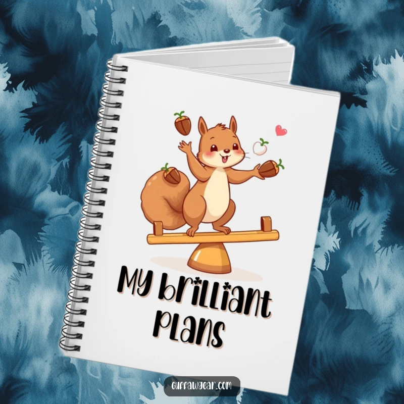 Funny notebook featuring a squirrel juggling acorns while balancing on a seesaw, designed for note-taking and doodling.
