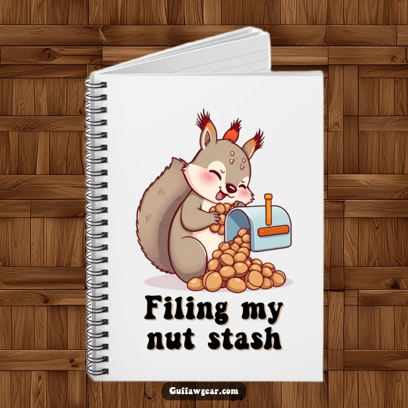 Funny Squirrel Notebook: A humorous scene of a squirrel trying to fit nuts into a minuscule mailbox on the cover.