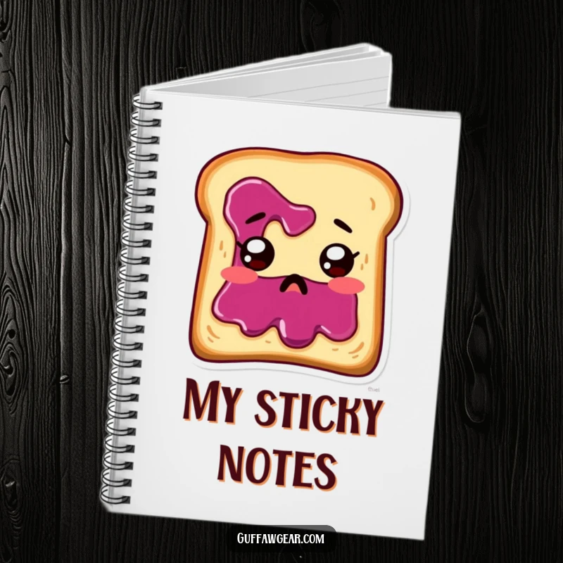 Funny toast with jam running down its face, looking startled, on the cover of a lined notebook.