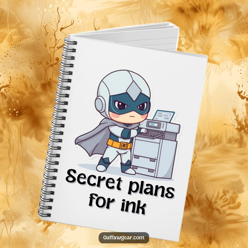 Funny notebook cover with a superhero awkwardly trying to fix a printer, a humorous design for note-taking and brainstorming heroic deeds.