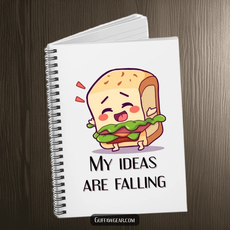 Funny notebook with a talking sandwich character tripping over its crust, designed for jotting down food-related humor.