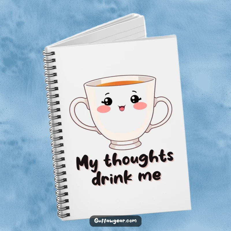 Funny notebook cover with a teacup character that has a cute face, adorably trying to drink from its own handle, inspiring creative writing.