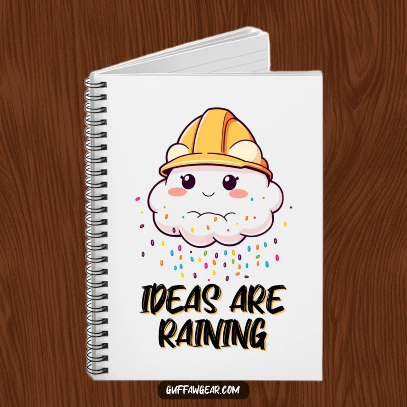 Funny Notebook with a cloud wearing a construction helmet, raining colorful sprinkles, perfect for jotting down notes with a cheerful touch.
