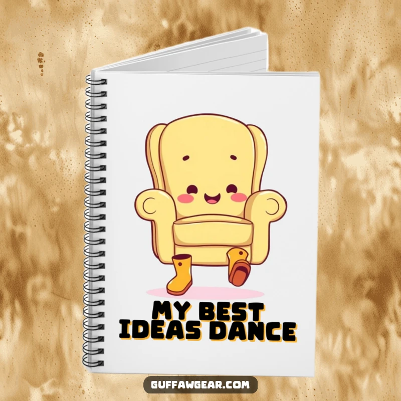 Funny notebook cover with a happy armchair character in boots, energetically performing a clumsy jig, inspiring creative writing and doodling.