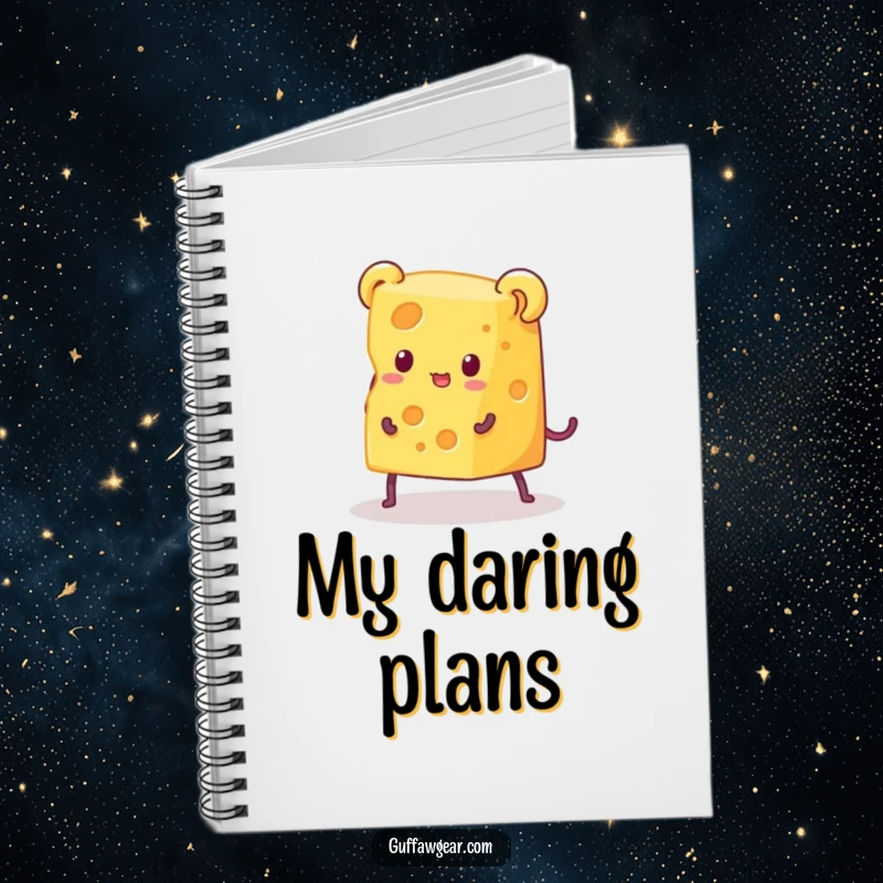 Funny notebook cover with a piece of cheese with legs escaping a tiny mouse trap, inspiring humorous writing and creative ideas for note-taking.