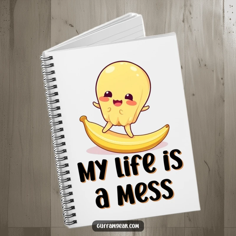Funny notebook cover featuring a jiggly jelly character hilariously slipping on a tiny banana peel, inspiring comical notes.