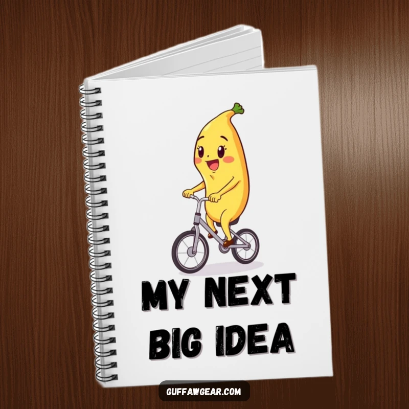 Funny notebook featuring a happy banana character riding a tiny unicycle, ideal for writing down ideas with a touch of playful humor.