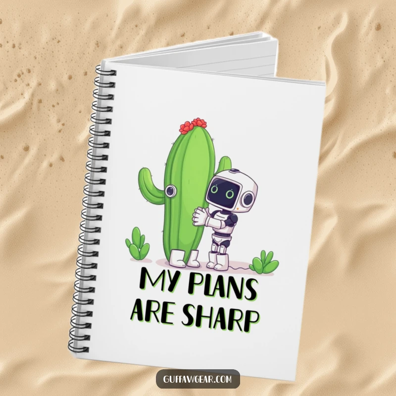 Funny notebook cover art of a small robot warmly attempting to hug a massive cactus, a humorous take on ambition.