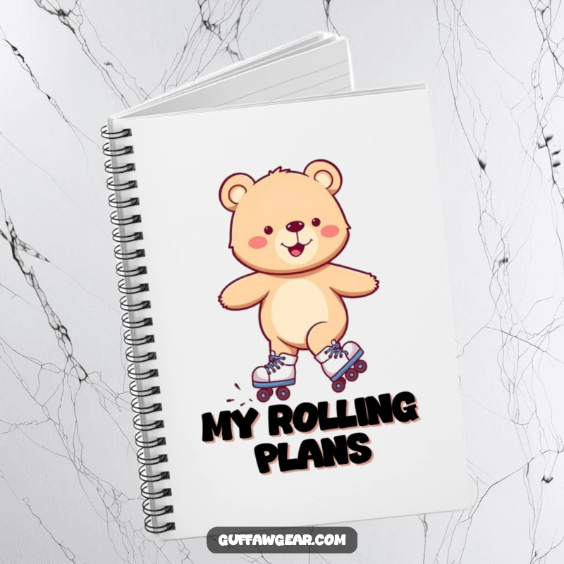 Funny notebook cover featuring a smiling bear wearing roller skates, comically wobbling but happy, ideal for notes.