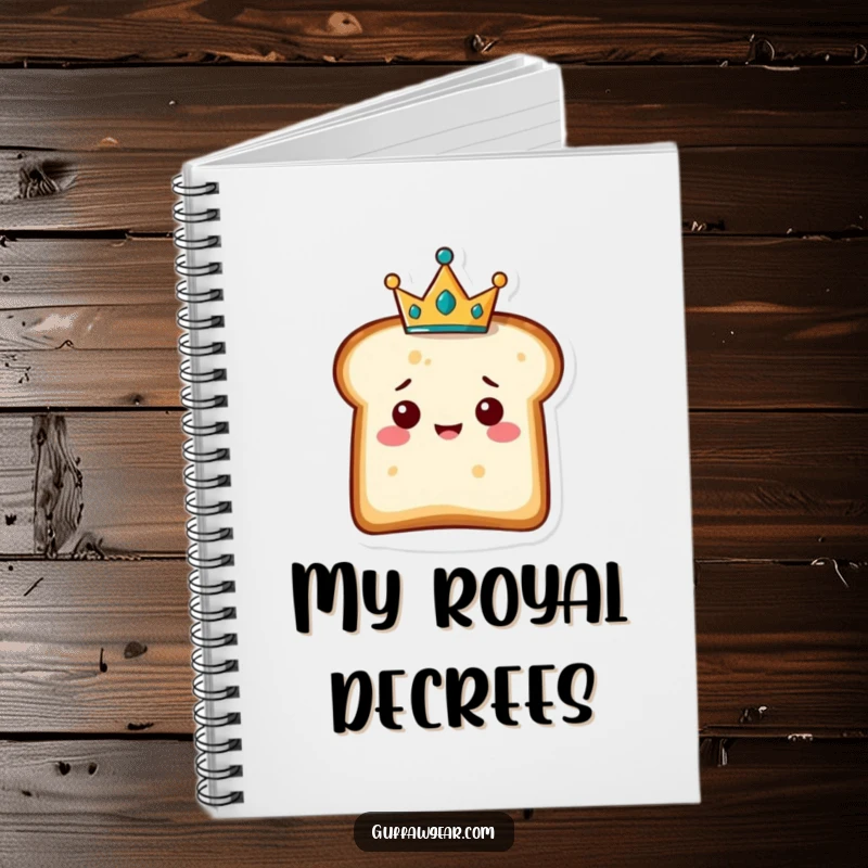 Funny notebook featuring a delighted slice of bread character wearing a tiny crown, ideal for writing royal thoughts and ideas.
