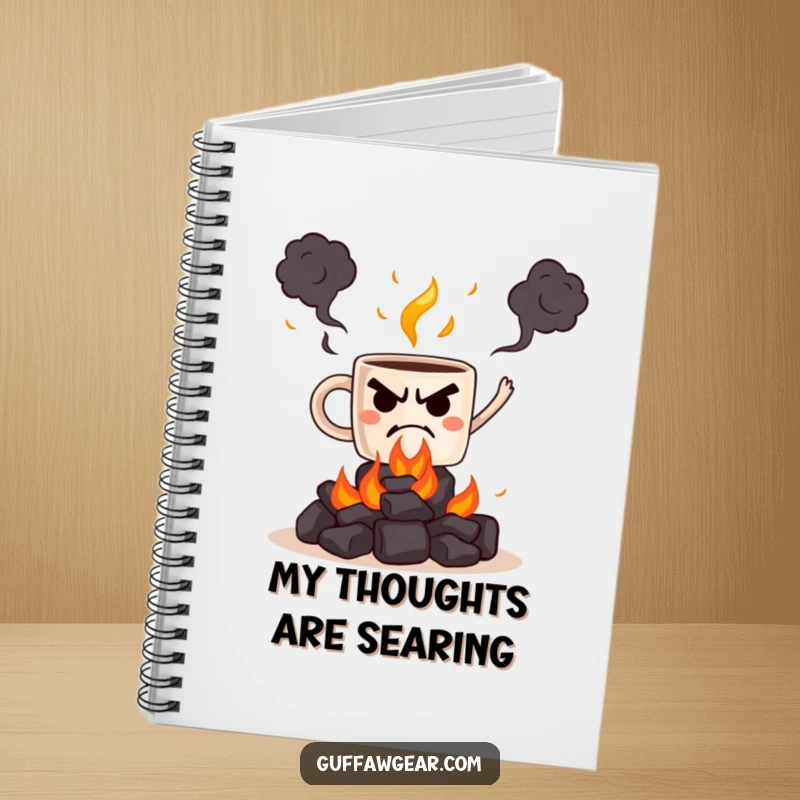 Funny notebook cover art of a grumpy coffee mug juggling flaming coals, a humorous way to record thoughts.