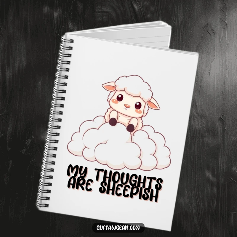Funny notebook featuring a sheep dramatically falling into fluffy clouds, perfect for jotting down notes with comedic inspiration.