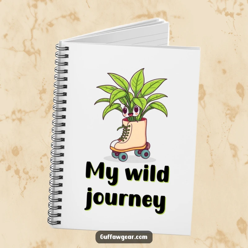 Funny notebook cover with a houseplant on roller skates, comically swerving, inspiring humorous writing and creative gardening ideas for note-taking.
