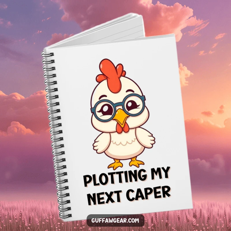Funny rubber chicken with a monocle winking, a dapper and humorous design on a notebook for capturing witty thoughts.