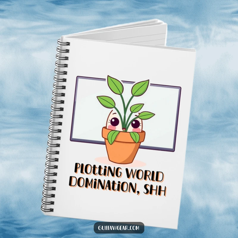 Funny notebook with a surprised potted plant peeking over a computer monitor, designed for jotting notes with a touch of office humor.