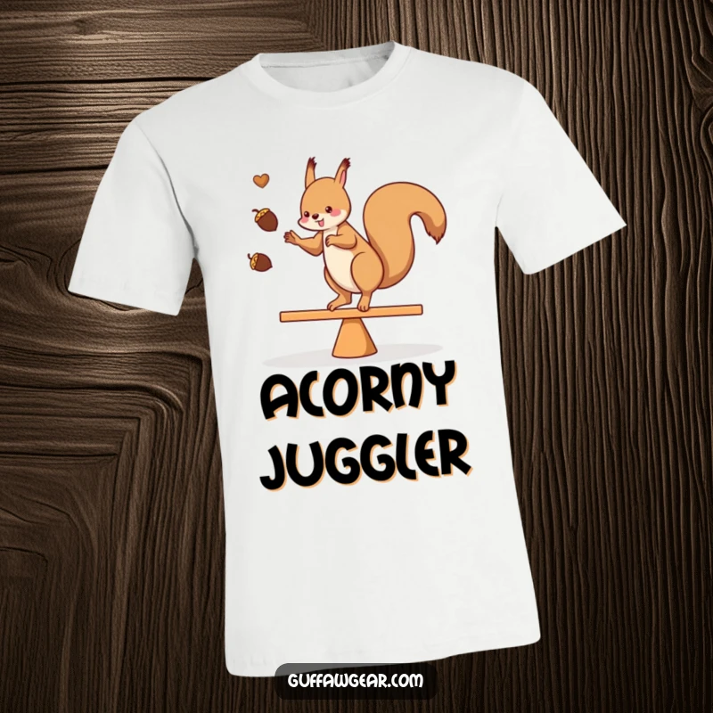Funny t-shirt depicting a squirrel skillfully juggling acorns while balancing on a teeter-totter, a humorous gift for animal lovers.