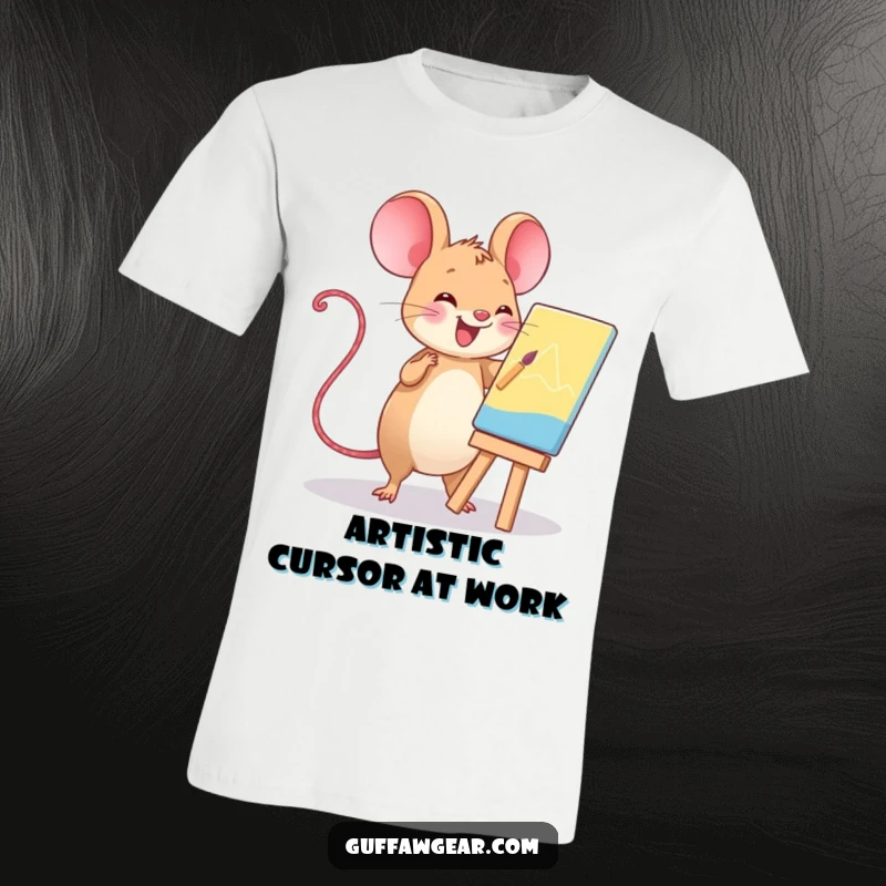 Funny Kawaii computer mouse painting a masterpiece on a tiny easel, a humorous tee for artists.
