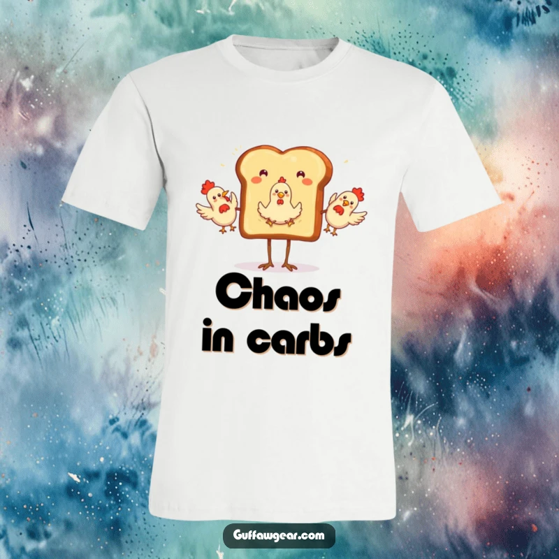 Funny T-Shirt featuring a toast slice with legs, enthusiastically juggling rubber chickens, perfect for a lighthearted and comical look.