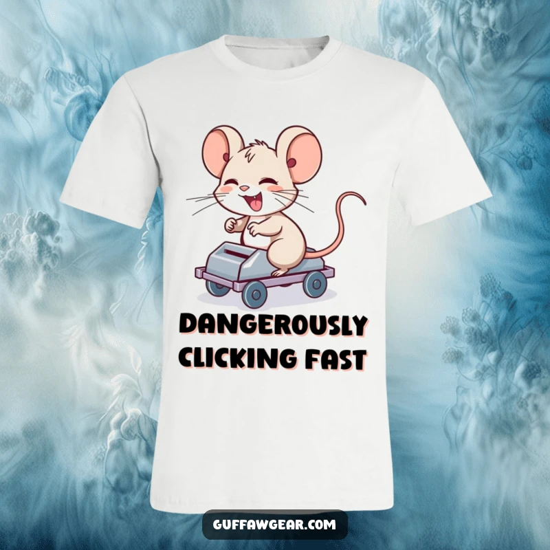 Funny Computer Mouse T-Shirt: A giggling computer mouse character joyfully riding a rolling mouse trap, a humorous tech gag.