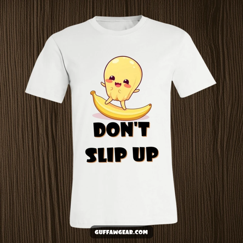 Funny t-shirt showcasing a gelatinous character comically losing its footing on a tiny banana peel, a visual gag.