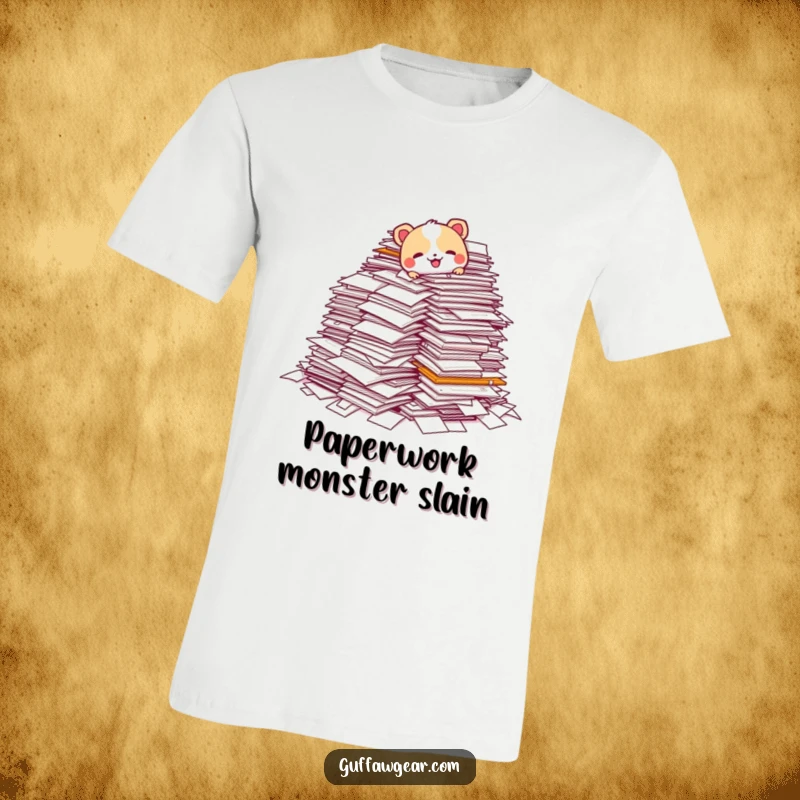 Funny t-shirt showing an animal character stumbling over a giant stack of papers, conveying the feeling of being buried in work with humor.
