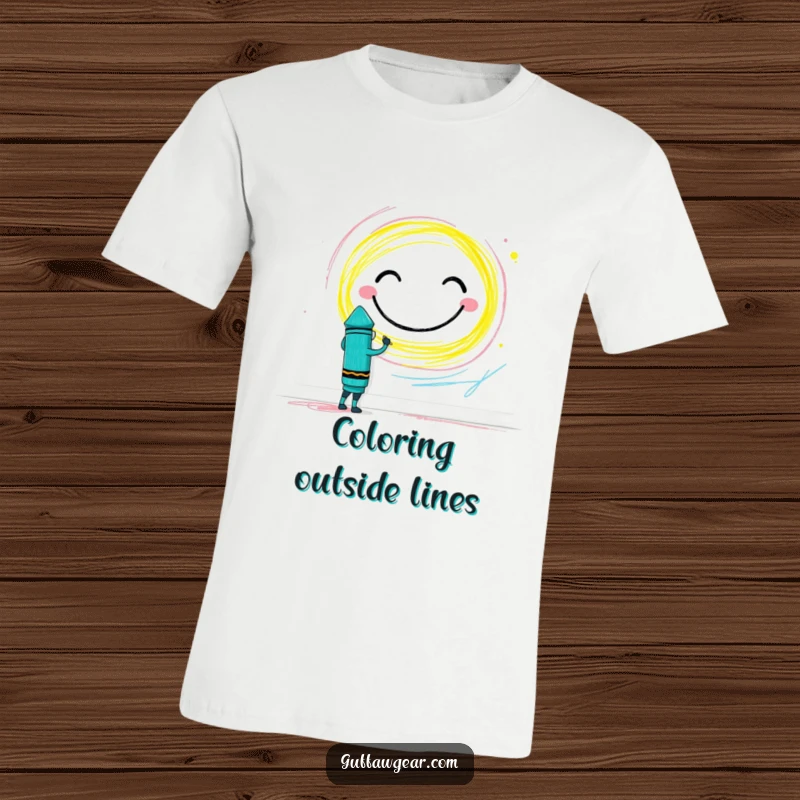 Funny Crayon T-Shirt: A brave crayon character boldly drawing a gigantic smiley face on a plain wall, celebrating art.