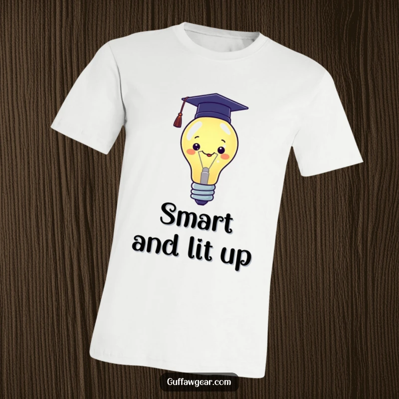 Funny Kawaii t-shirt depicting a proud lightbulb character with a graduation cap, celebrating intelligence and academic success.