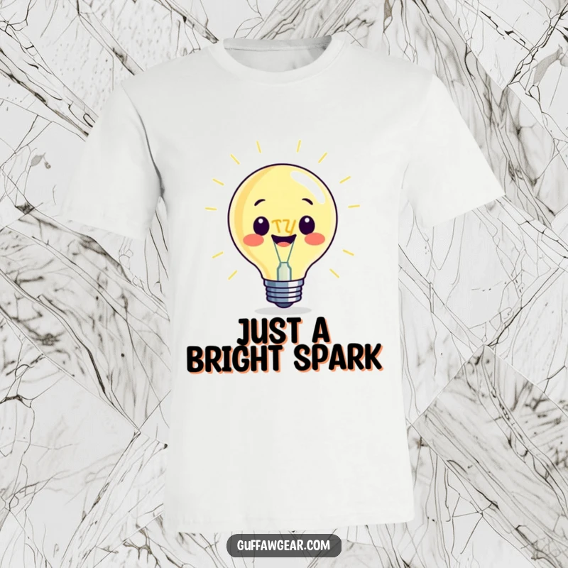Funny t-shirt depicting a beaming lightbulb character with a comically oversized filament, representing great ideas and humor.
