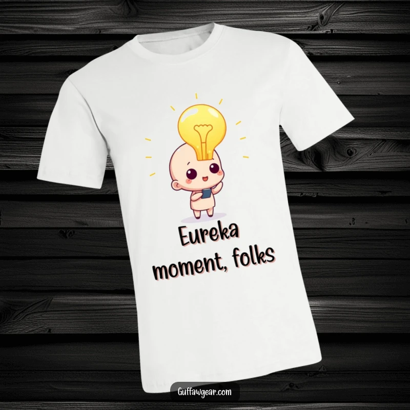 Funny character t-shirt with a bright lightbulb overhead, symbolizing a moment of inspiration and innovative thinking.
