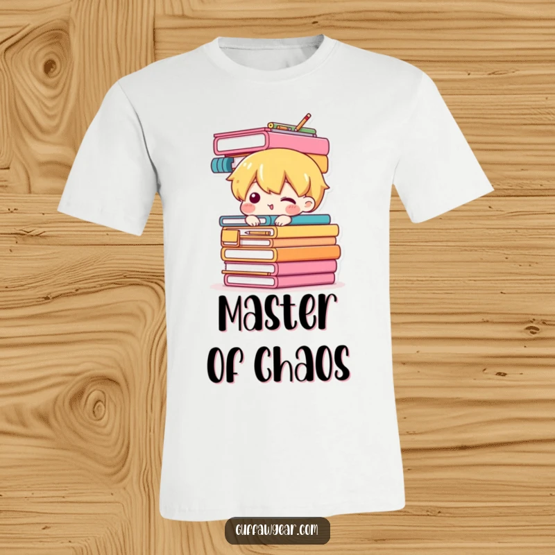 Funny t-shirt depicting a character struggling to balance a towering, unstable stack of office supplies, a humorous representation of work demands.