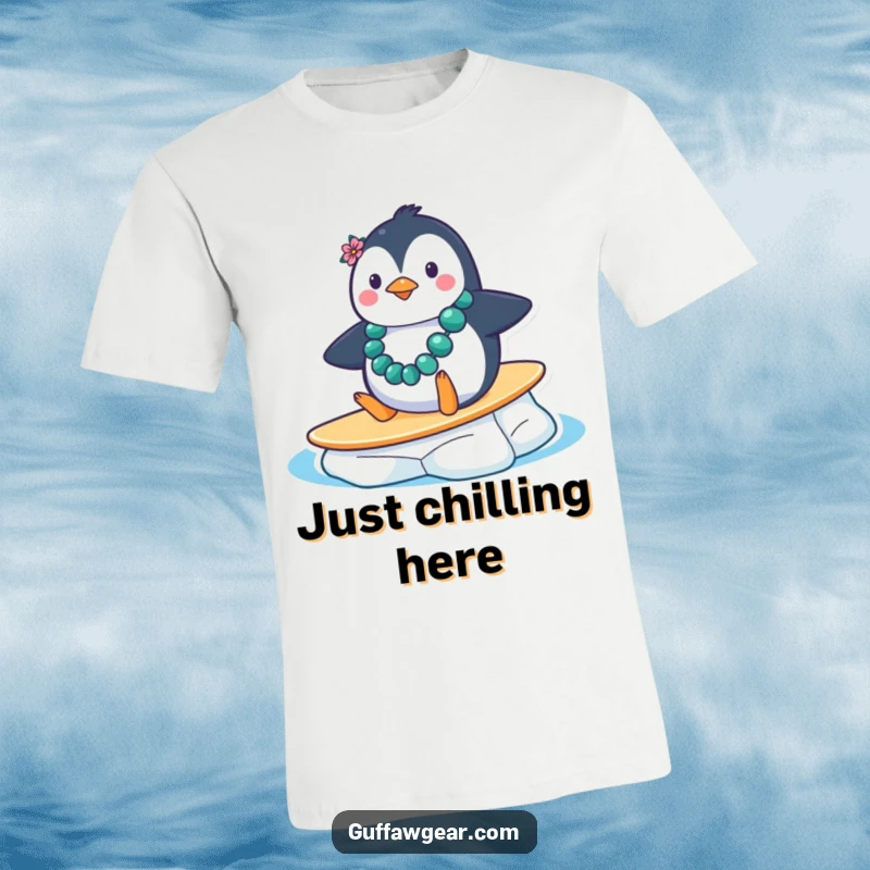 Funny Penguin Ice Surf T-Shirt: A penguin wearing a lei comically slides down an ice floe, mistaking it for a surfboard, hilarious.