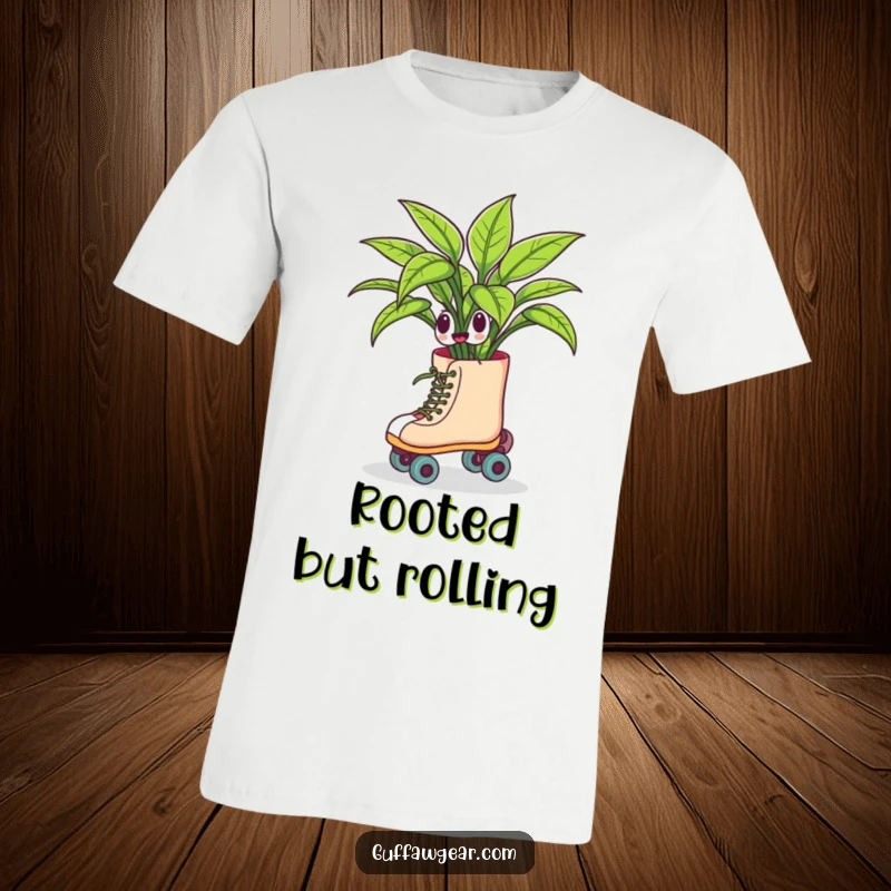Funny t-shirt graphic of a houseplant in roller skates, comically swerving and wobbling, showcasing a humorous take on plant life and mobility.