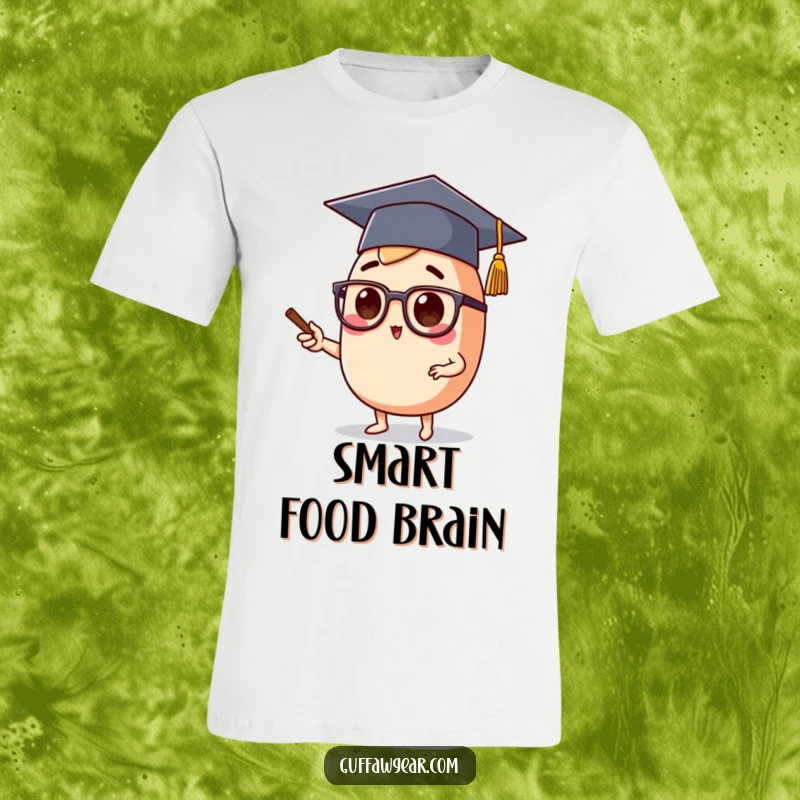 Funny t-shirt showing a food character wearing a graduation cap and spectacles, lecturing with an educational and humorous demeanor.