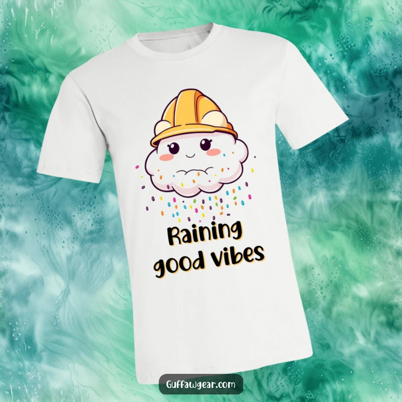 Funny T-Shirt with a cloud wearing a construction helmet, raining colorful sprinkles, perfect for a fun and optimistic fashion statement.