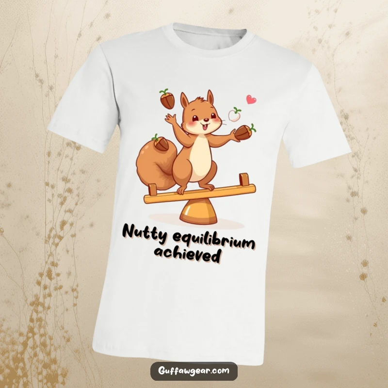 Funny t-shirt featuring a squirrel masterfully juggling acorns while balancing on a teeter-totter, full of woodland charm.