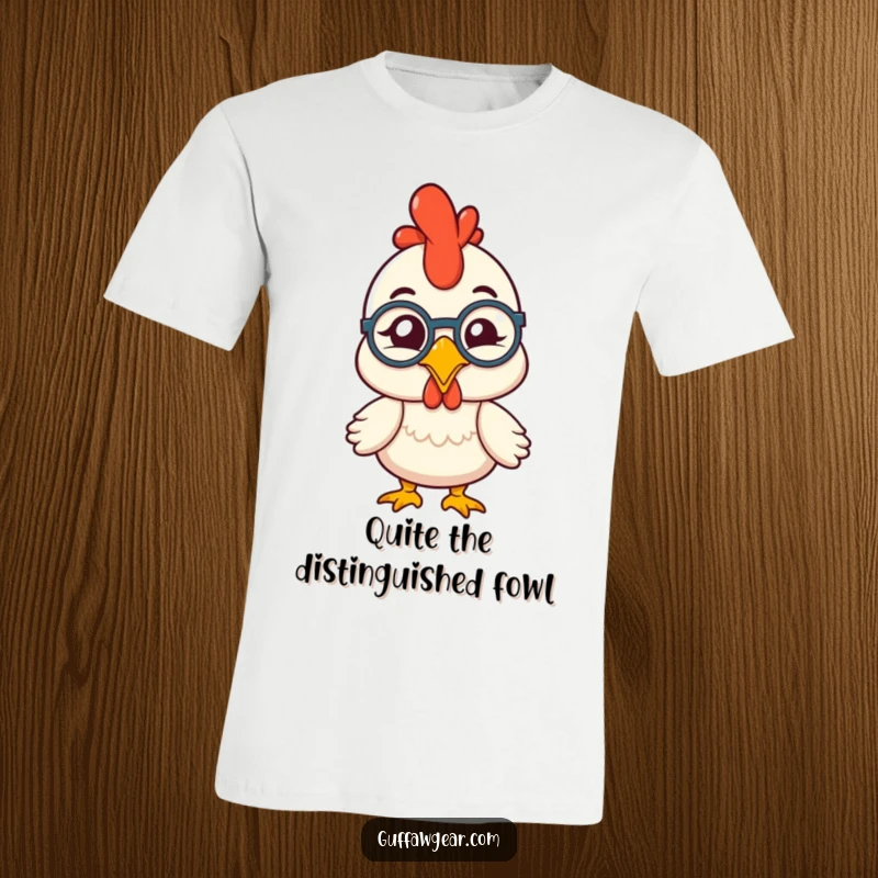 Funny rubber chicken wearing a monocle, comically winking with a debonair attitude on a t-shirt, perfect for humor enthusiasts.