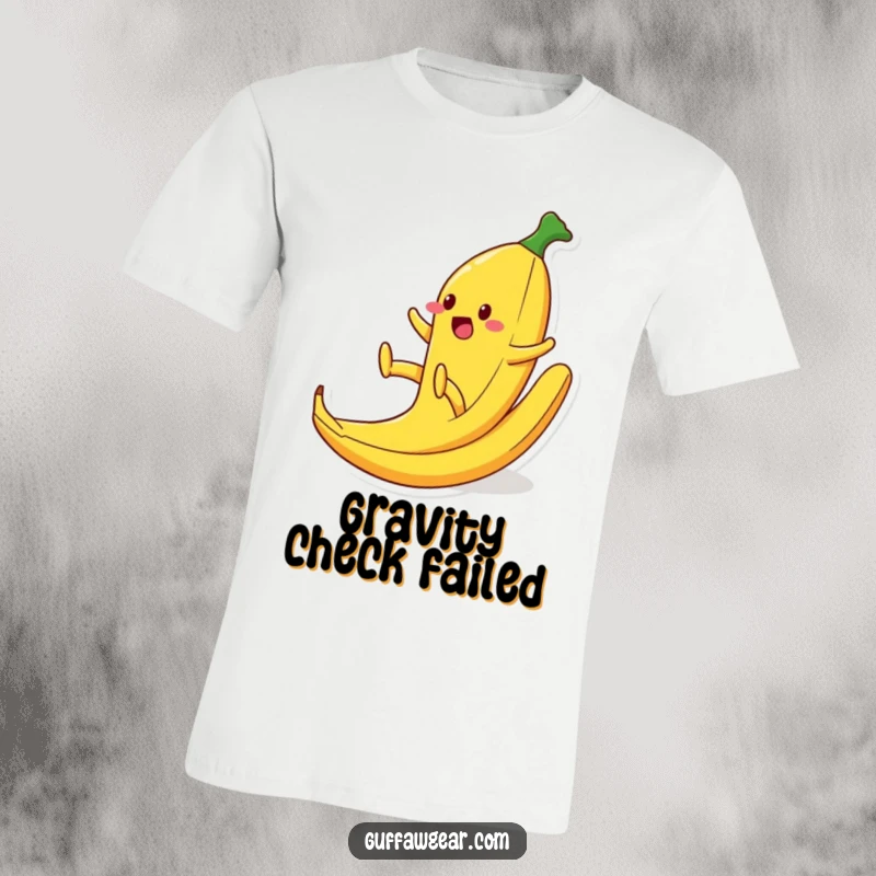 Funny t-shirt depicting a food character comically slipping on a banana peel, legs kicking wildly, a hilarious illustration of unexpected misfortune.