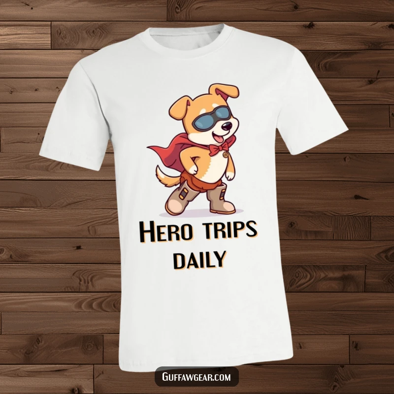 Funny Dog Superhero T-Shirt: A dog wearing a superhero cape trips hilariously over its own massive boots.