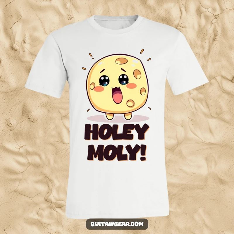 Funny Cheese T-Shirt: A surprised piece of cheese character with holes rapidly appearing, a humorous food-themed design.