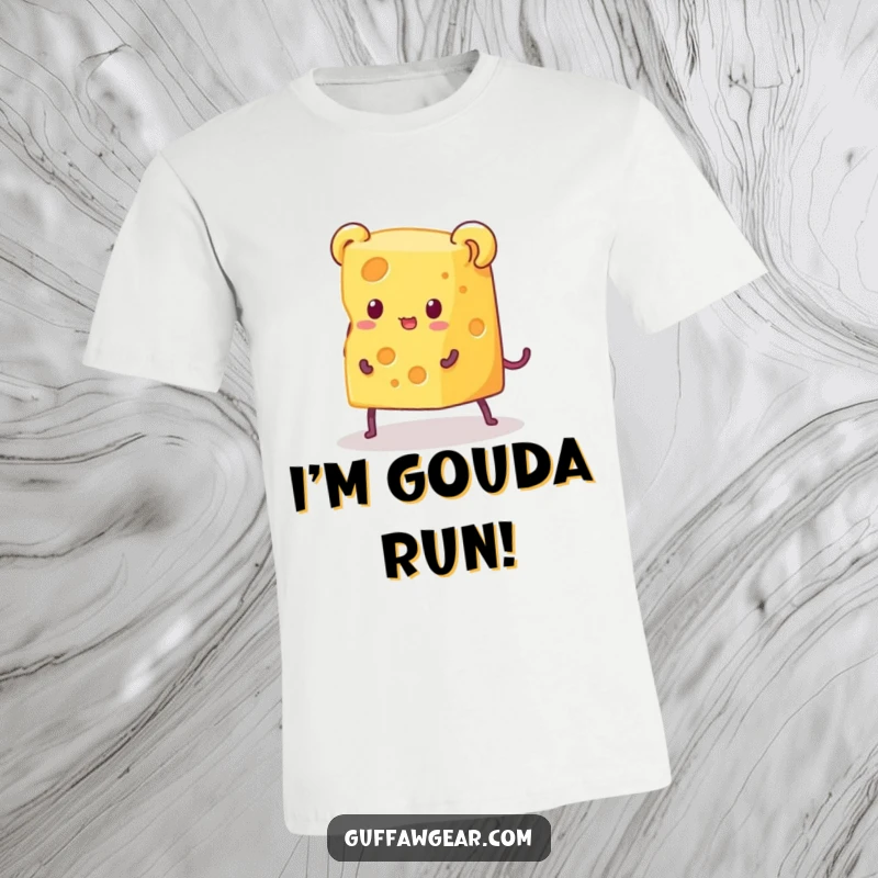 Funny t-shirt graphic of a piece of cheese with legs desperately running away from a very small, ineffective mouse trap, creating a humorous escape scene.