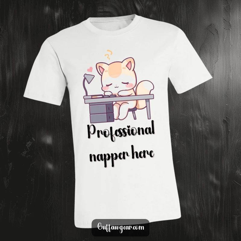 Funny sleeping fox t-shirt, artistically portraying a fox feigning sleep at an office desk, ideal for humor lovers.
