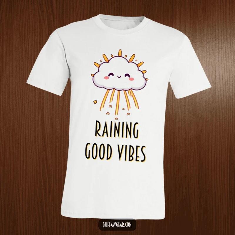 Funny Cloud T-Shirt: A happy cloud character raining tiny rainbows upon a grumpy sun, spreading cheer.