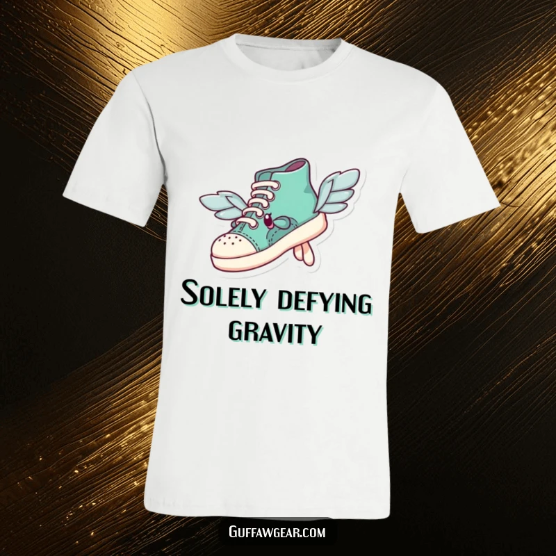 Funny shoe character with mismatched wings comically attempting flight on a t-shirt, representing humorous ambition and determination.