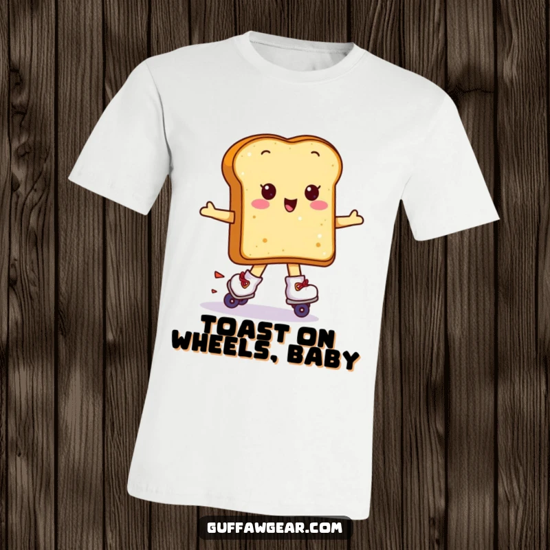 Funny Kawaii toast wearing roller skates attempting a spin, a humorous tee for breakfast enthusiasts.