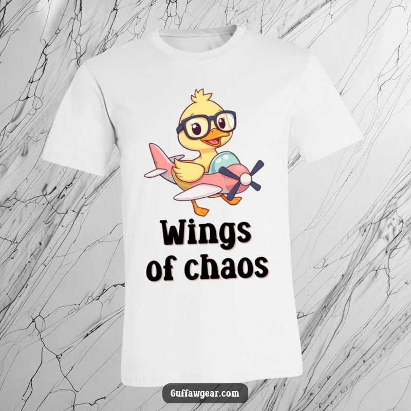 Funny t-shirt showing a duck in oversized glasses hilariously attempting to fly a small plane, a humorous gift for pilots.