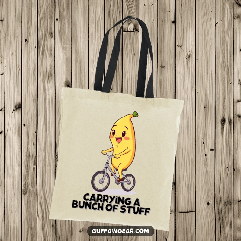 Funny tote bag showcasing a happy banana character riding a tiny unicycle, perfect for carrying daily items with a cheerful vibe.