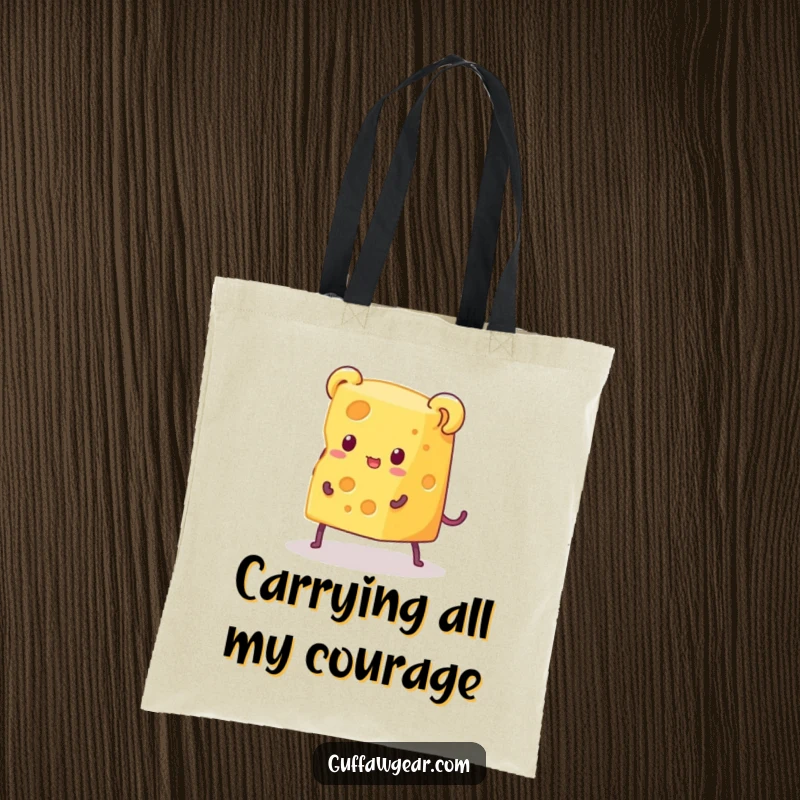 Funny tote bag featuring a piece of cheese with legs in a comical dash to escape a very small mouse trap, great for groceries and humor.
