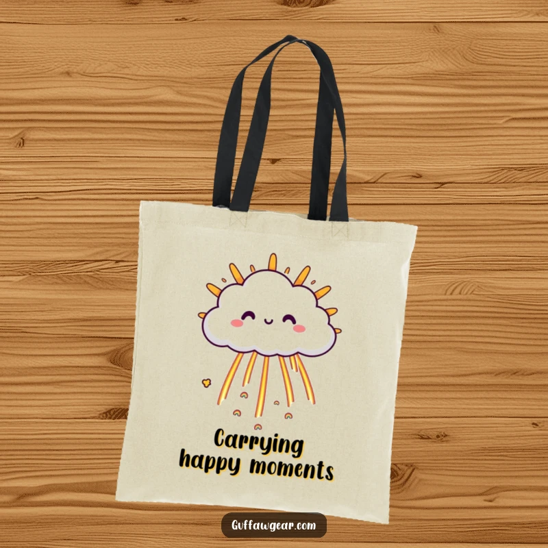 Funny Cloud Tote Bag: A happy cloud character raining tiny rainbows onto a grumpy sun, a humorous and practical bag.